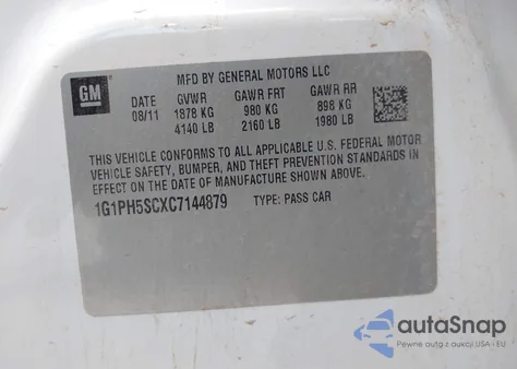 2012 Chevrolet Cruze Ltz z USA, uszkodzony, nr VIN 1G1PH5SCXC7144879